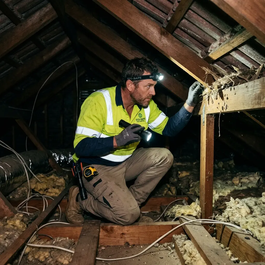 Technician inspecting a roof cavity for a dead animal in Clifton Hill