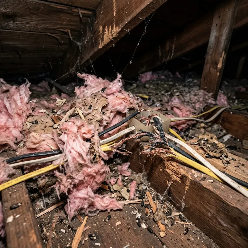 Contaminated ceiling insulation being assessed in a Clifton Hill roof space